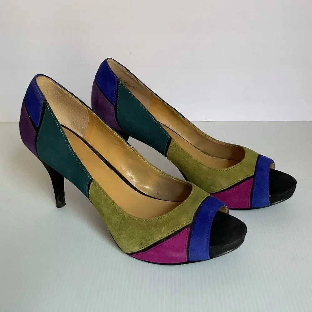 Vintage Nine West Multicolor Suede Patchwork Retro Y2K Peep Toe Heels 7.5M